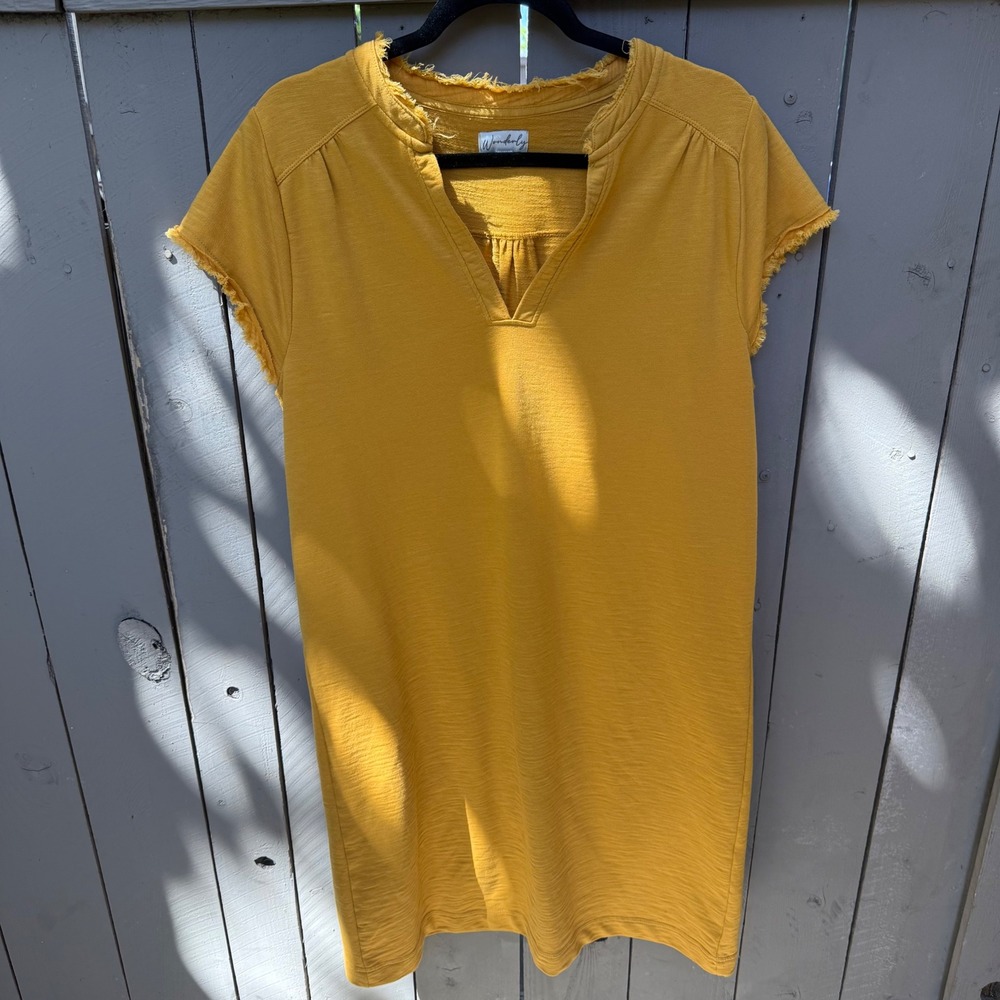 Wonderly Mustard‎ Yellow French Terry Shift Dress Fringe V-Neck Short Sleeve L